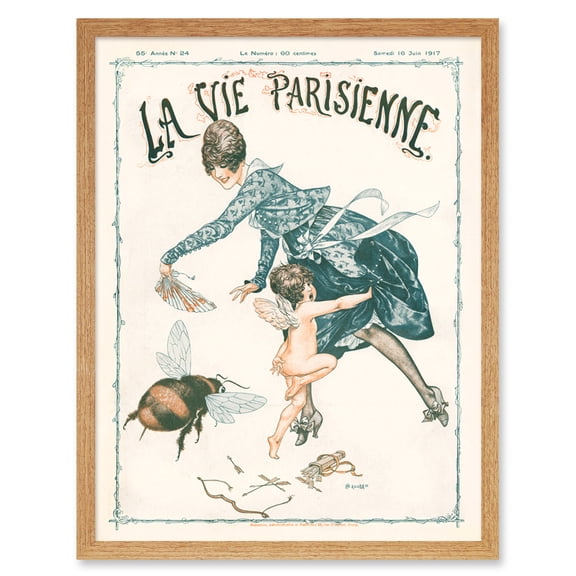 Vintage French Fashion La Vie Parisienne Cupid Stung Giant Bee Magazine Cover Art Print Framed Poster Wall Decor 12x16 inch