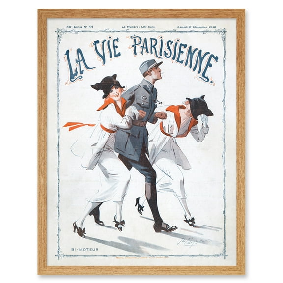 Vintage French Fashion La Vie Parisienne Soldier Two Women WW1 Magazine Cover Art Print Framed Poster Wall Decor 12x16 inch