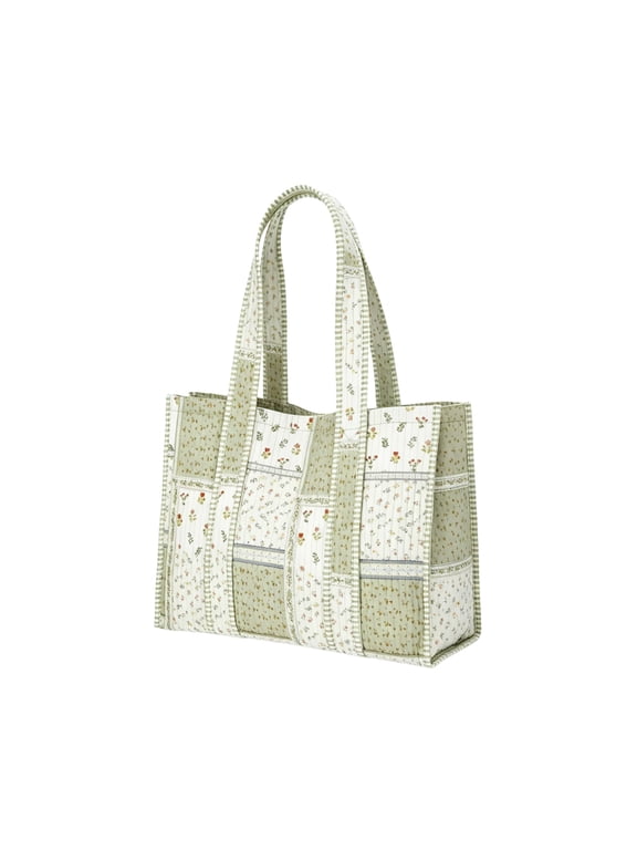 Vintage French Floral Quilted Tote Bag,Patchwork Ruffle Canvas Shoulder Handbag,Large Capacity Casual Daily Shopper Bag for Women Outdoor Travel