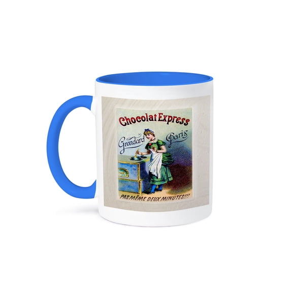 3dRose, Vintage French Lady And Chocolate Ad, 15oz Two-Tone Blue Mug