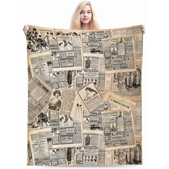 Vintage French Newspaper Ads Collage Throw Blanket, Soft Plush Flannel Fleece with Retro Art Print for Home Decor