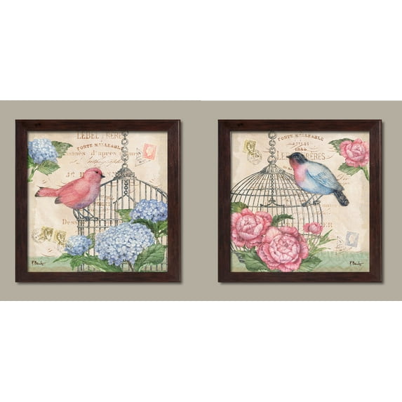 Vintage French Pink and Blue Peonies and Birds, Two 12x12in Brown Framed Prints; Ready to hang! Pink/Beige/Blue