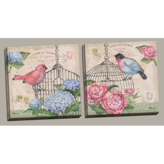 Vintage French Pink and Blue Peonies and Birds Two 12x12in Stretched Canvases; Ready to hang! Pink/Beige/Blue