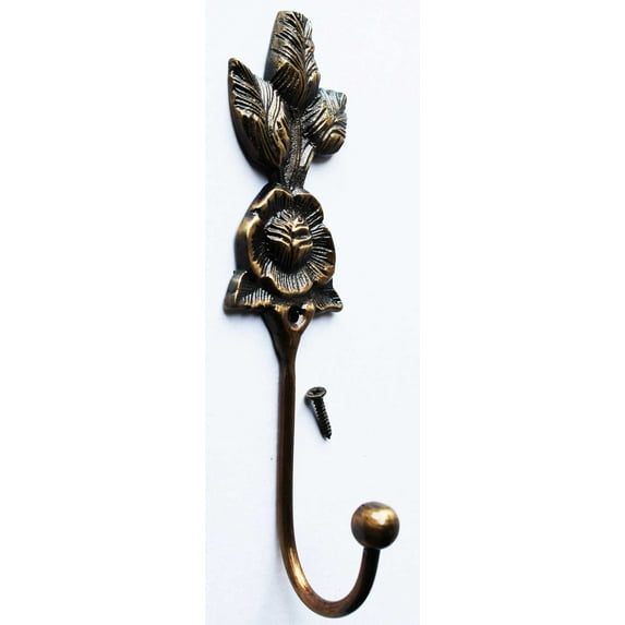 Vintage French Solid Brass Rose Wall Hook Coat Hanger Hanging Key Holder 6722