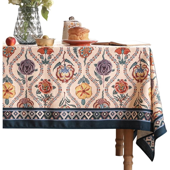 Vintage French Square Tablecloth,Linen Durable Tablecloth with Rose and Cornflower Pattern,Decorative Table Cover for Kitchen,Dining,Thanksgiving,Tea Party,67" × 67"-Lanae