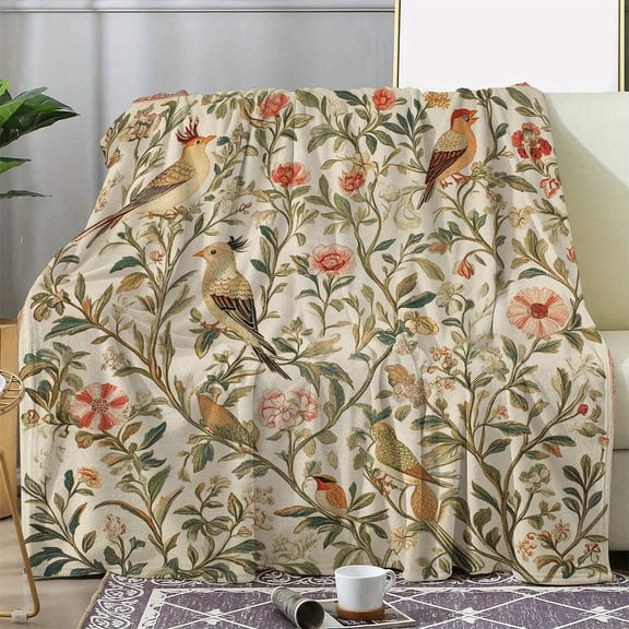 Vintage French Style Bird Floral 30s Yarn Blanket, Beige Golden Brown Soft Flannel Throw, All-Season Cozy Luxury Bedspread for Home Travel Camping Ideal Gift