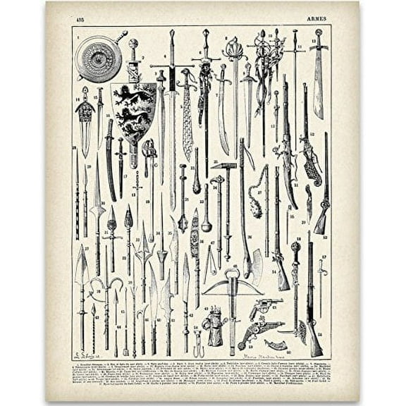 Vintage French Weapons Illustration Art Print - 11x14 Unframed Art Print - Great Gift for History and Weaponry Buffs