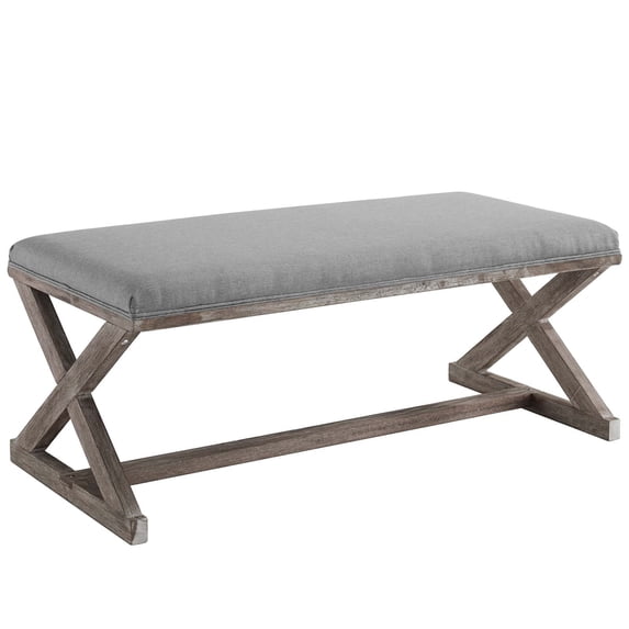 Vintage French X-Brace Upholstered Fabric Bench, Light Gray