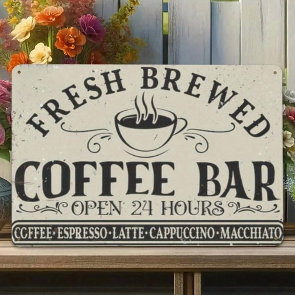 Vintage Fresh Brewed Coffee Bar Metal Sign Retro Coffee Shop Open Hours Wall Decor Home Kitchen Cafe Restaurant Coffee Espresso Latte Cappuccino Macchiato Tin Sign Wall Art