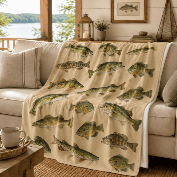 Vintage Freshwater Fish Blanket with Bass, Pike, Perch and Catfish Illustrations on a Tan Background for Couch, Bed, Cabin, Lake House and Travel, 30 x 40 in