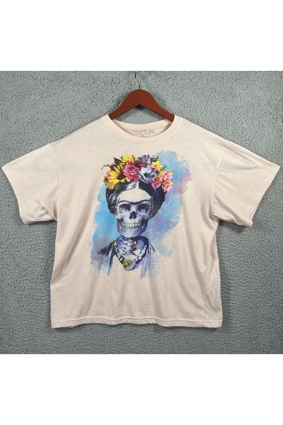 Vintage Frida Kahls By Jerry Leigh Women Top M Peach Floral Skull Graphic T-Shirt Best Birthday Gifts