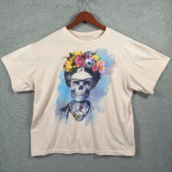 Vintage Frida Kahls By Jerry Leigh Women Top M Peach Floral Skull Graphic T-Shirt Best Birthday Gifts