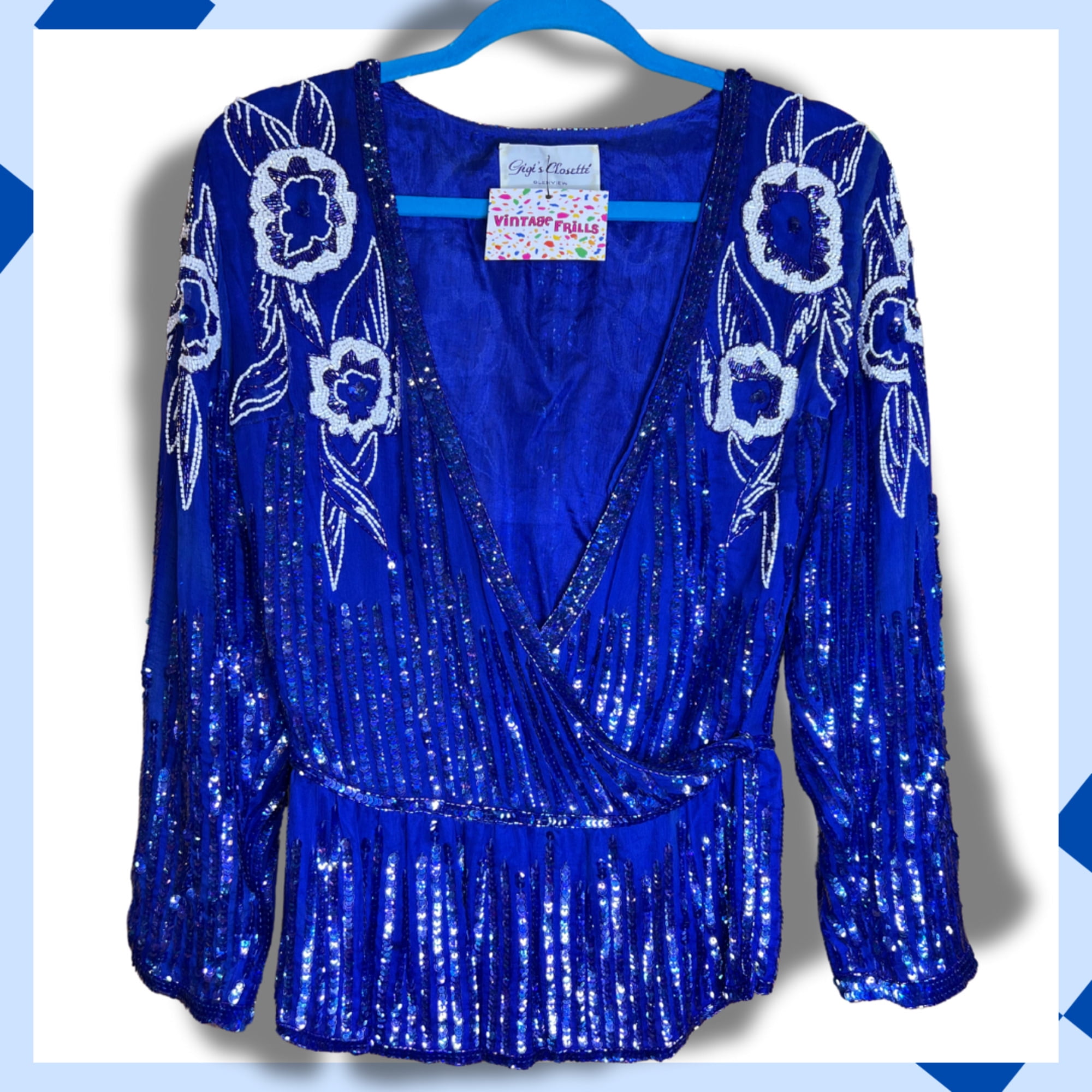 Vintage Frills 1980's Silk Cobalt Blue Wrap Top (Xs/s)