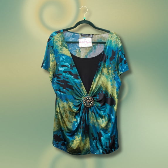 Vintage Frills Y2k Blue/green Blouse with Metal Sigil