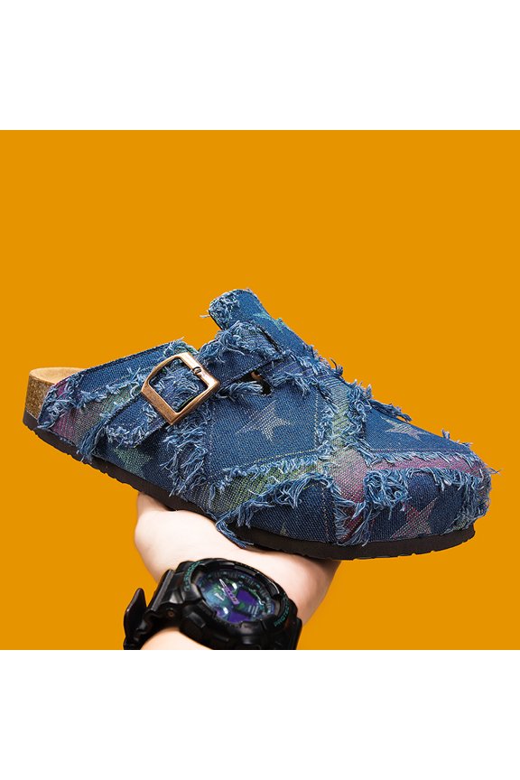 Vintage Fringed Printed Buckle Strap Closed Toe Mule Clogs