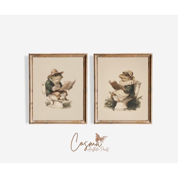 Vintage Frog Bathroom Prints, Victorian Cottagecore Wall Art Set