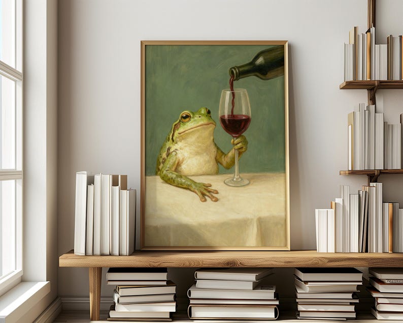 Vintage Frog Drinking Wine Poster, Art Funny Frog, Retro Whimsical ...