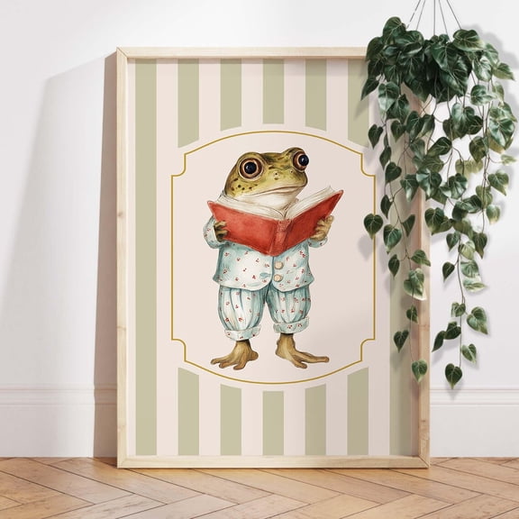 Vintage Frog Reading Storybook Nursery Wall Picture, Unframed Canvas 12x16in