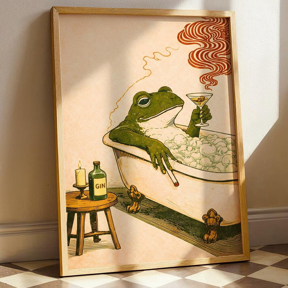 cigarette frog Vintage Frog Smoking Cigarette Bathroom Wall Art: Retro Bathtub Gin Print  Quirky Animal Decor
