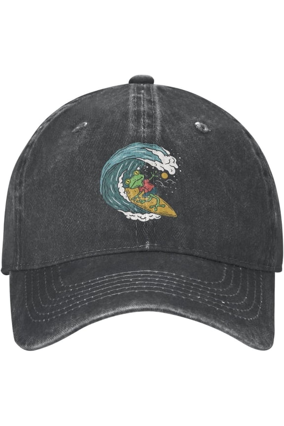 Vintage Frog Surfing Distressed Adjustable Washed Denim Mens Dad Trucker Hat Baseball Ball Cap for Men