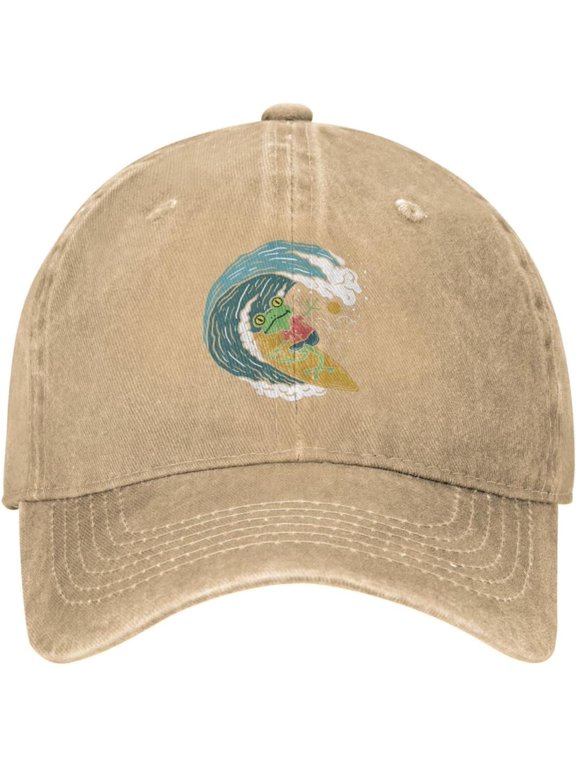Vintage Frog Surfing Distressed Adjustable Washed Denim Mens Dad Trucker Hat Baseball Ball Cap for Men