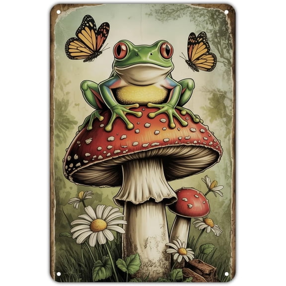 Vintage Frog and Mushroom Metal Tin Sign Wall Art for Garden Yard Porch Home Bedroom Kitchen Decor 8 x 12 Inch