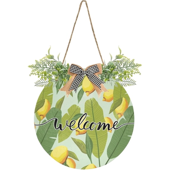 Vintage Frond Lemon Welcome Sign Farmhouse Front Porch Door Hanging Welcome Wreath for Holiday Wall Home 12 X 12 in Home Decor