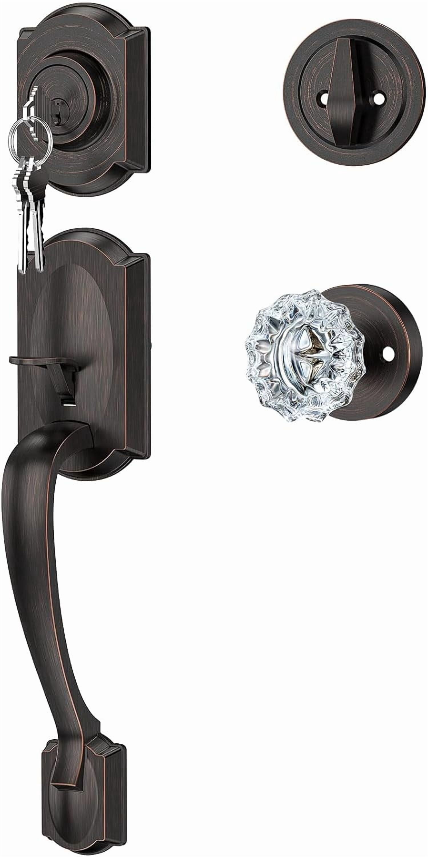 Vintage Front Door Handle and Deadbolt Set, Front Door Lock Set with Crystal Glass Door Knob, Entry Door Lock Set with Single Cylinder, Reversible for Right & Left, Oil Rubbed Bronze