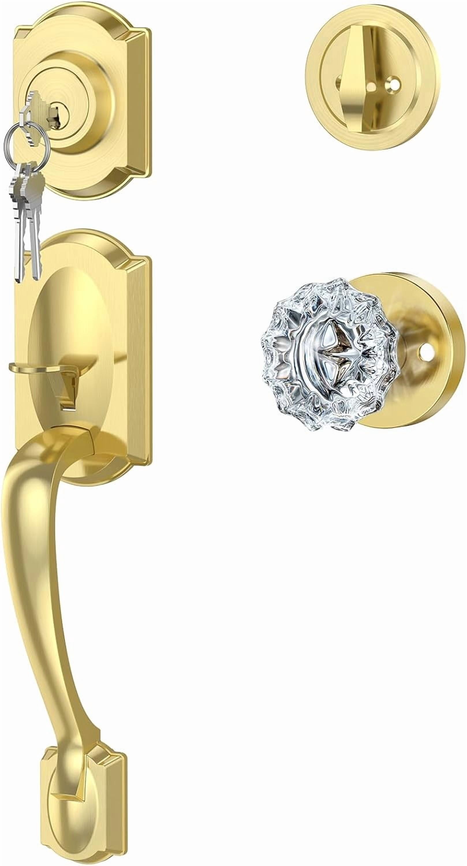 Vintage Front Door Handle and Deadbolt Set, Gold Front Door Lock Set with Crystal Glass Door Knob, Entry Door Lock Set with Single Cylinder, Reversible for Right & Left