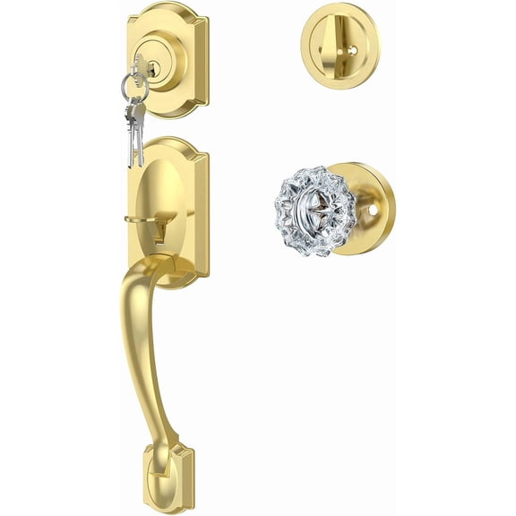 Vintage Front Door Handle and Deadbolt Set, Gold Front Door Lock Set with Crystal Glass Door Knob, Entry Door Lock Set with Single Cylinder, Reversible for Right & Left