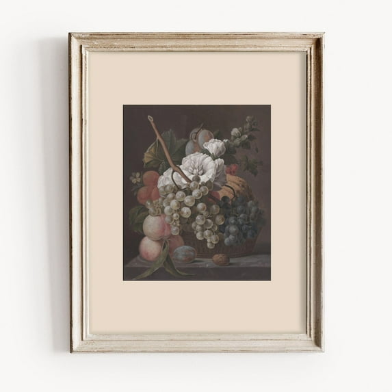 Vintage Fruit Basket, Rustic Kitchen Wall Art, Moody Still Life Print, Antique Food Illustration, Neutral Beige Home Decor #1753, Stretched Canvas Size 8x12