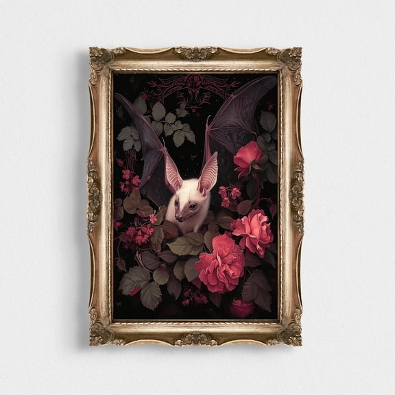 Vintage Fruit Bat, Dark Cottagecore Goth Poster, Vintage Floral, Botanical Gothic Wall Art, Odd Home Decor, Dark Academia, 24x36 UNFRAMED