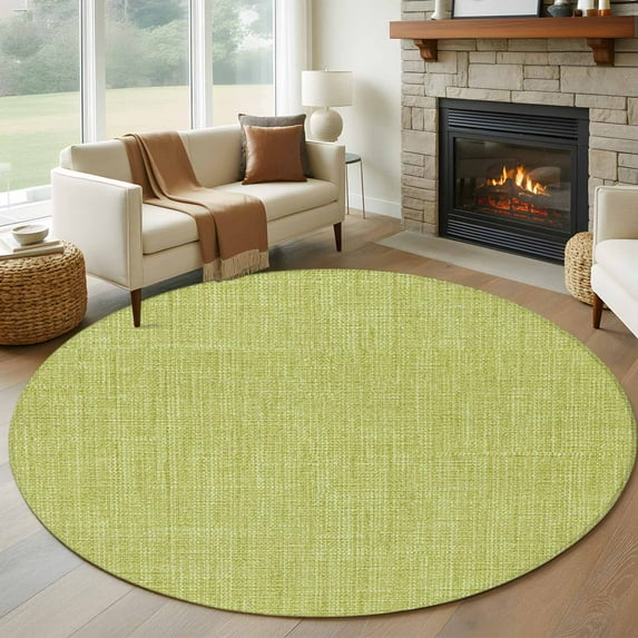 Vintage Fruit Green Round Area Rug 5 FT,Non Slip Bedroom Area Rug,Farmhouse Retro Solid Color Linen Texture Washable Soft Circular Carpet Floor Mat for Kitchen Dining Room Foyer Balcony Dorm