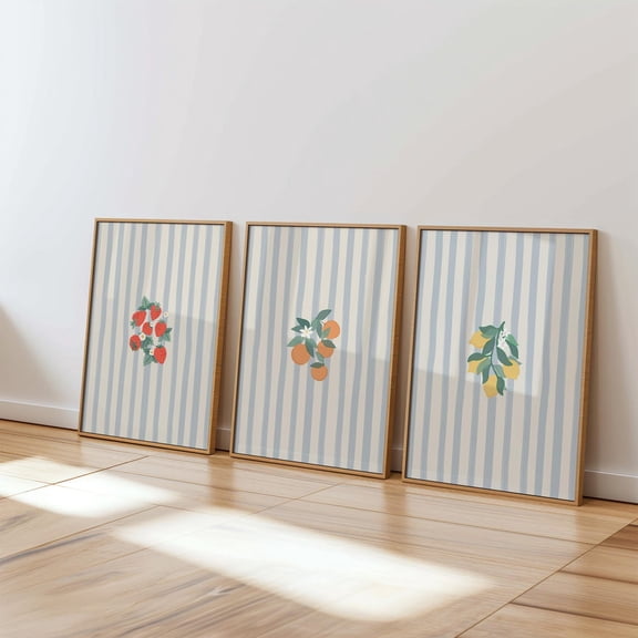 Vintage Fruit Prints Blue Striped Kitchen Wall Art, Cottage Prints, Lemons Oranges Strawberry Posters (Physical Prints), Stretched Canvas