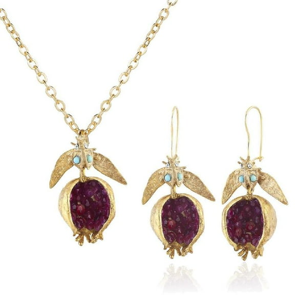 Vintage Fruit Red Gemstone Pomegranate Pendant Earrings Necklace Pomegranate Jewelry Set Gift for Women Female Party