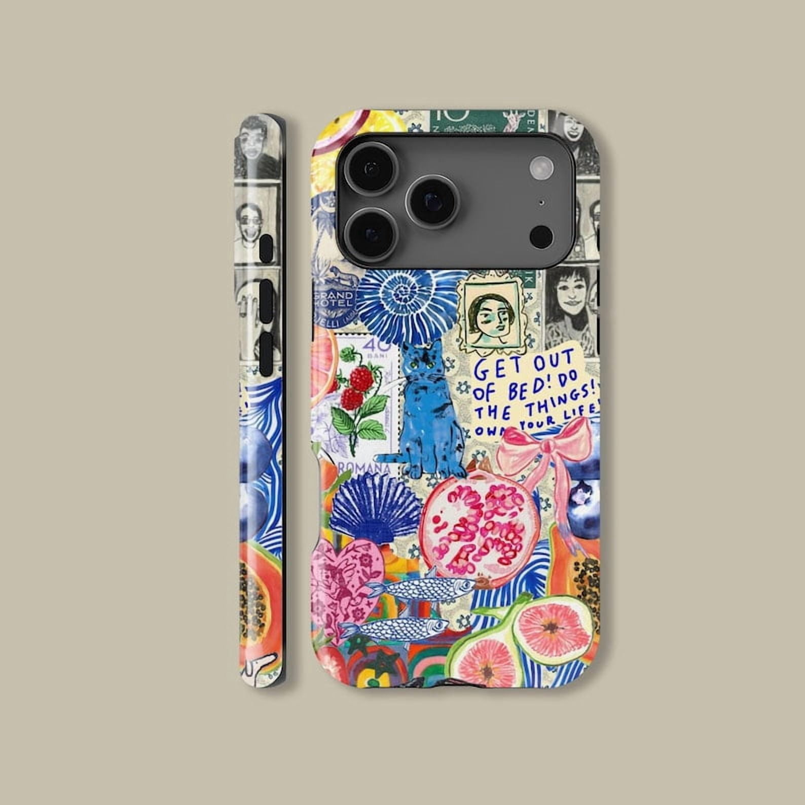 Vintage Fruit Stamp Collage Tough Phone Case, Blue Cat Quote Art Dual ...
