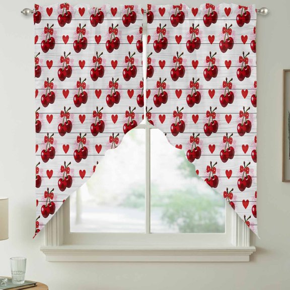 Vintage Fruit Swag Valances for Windows, Farm Love Cherry Wave Point Wooden Board Rod Pocket Short Curtains, Machine Washable Kitchen Window Topper for Bathroom Living Room, 36 x 36 Inch, 1 Pair