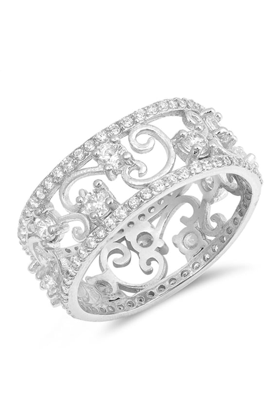 Vintage Full Eternity Diamond Band Ring, Art Deco Openwork Filigree Diamond Ring, Eternity Diamond Ring, 925 Sterling Silver, 2.1 Ct Simulated Diamond, Anniversary Gift Ring For Her