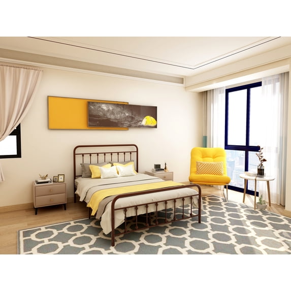 Vintage Full Metal Bed Frame With Headboard And Footboard Platform/Wrought Iron/Heavy Duty/Solid Sturdy Metal Slat/Rustic Brown/No Box Spring Needed