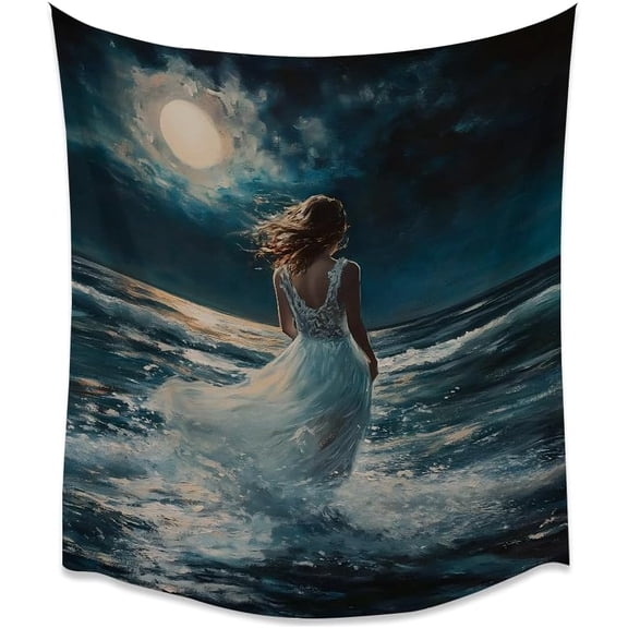 Vintage Full Moon Celestial Aesthetic Tapestry Dark Academia Moonlit Seascape Art Tapestries Gothic Halloween Seaside Woman Wall Hanging Decor for Living Room Dormwhite30x40inch