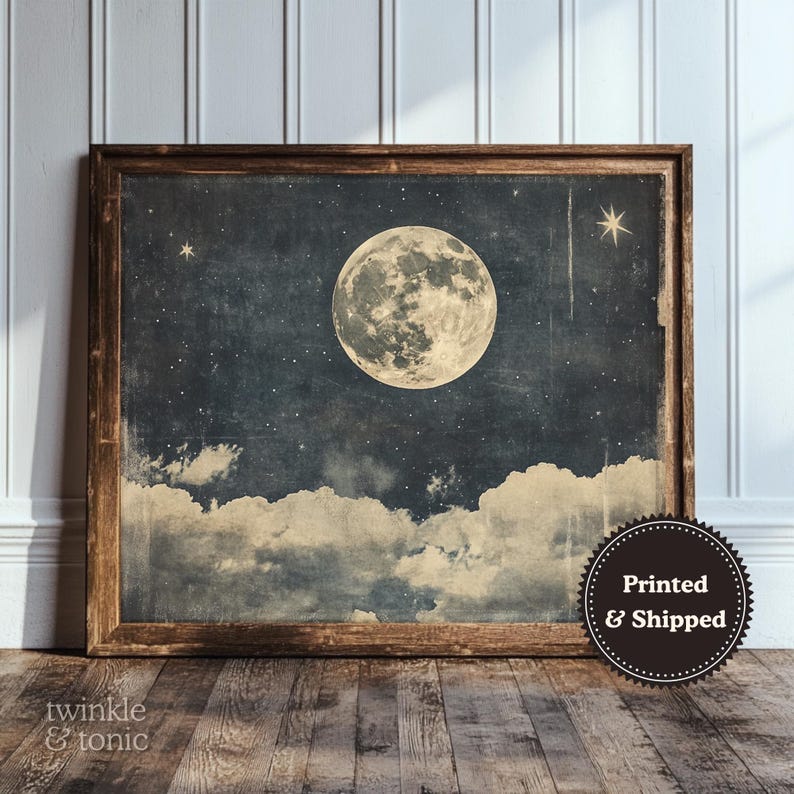 Vintage Full Moon and Stars Poster - Celestial Night Sky Wall Art ...