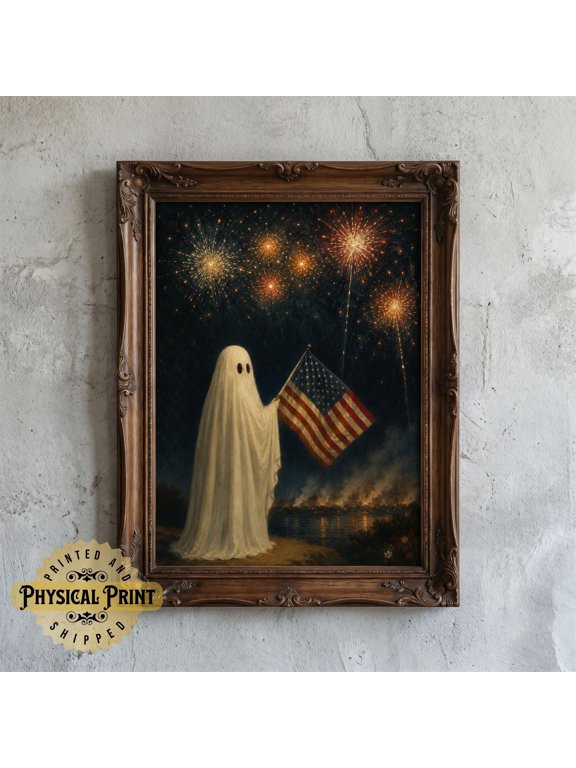 Vintage Funny 4th of July Ghost Print Patriotic Ghost Wall Art Poster Americana Halloween Decor Vintage USA American Flag Artwork