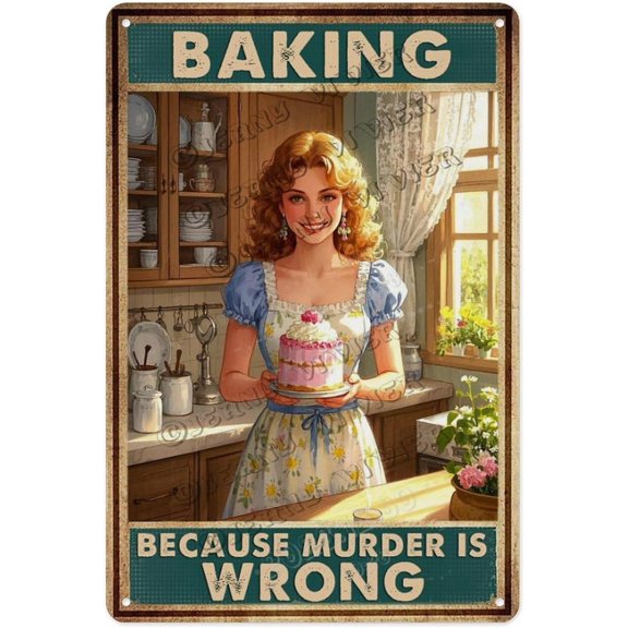 Vintage Funny Baking Sign 12x16 Inch Baking Because Murder Is Wrong Retro Metal Wall Decor for Kitchen, Bakery, Cafe Humor Gift for Women, Moms, Chefs