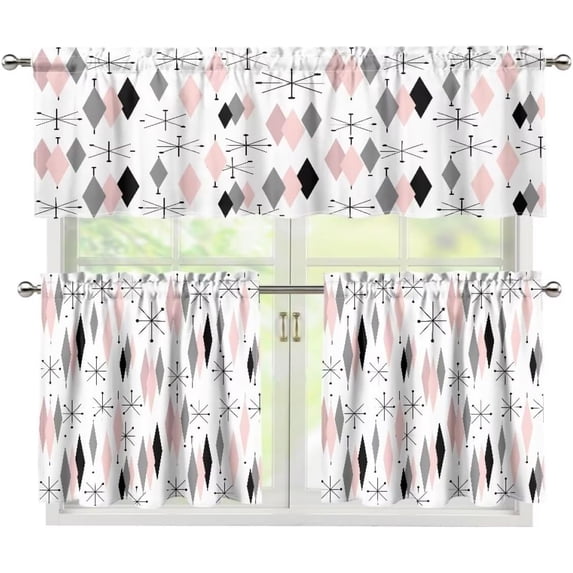 Vintage Funny Black Pink Kitchen Curtains and Valances Set Stripe Modern Abstract Geometric Dining Room Bedroom Living Room Office 53.9 x 17.7 inches + 27.5 x 35.8 inches *2