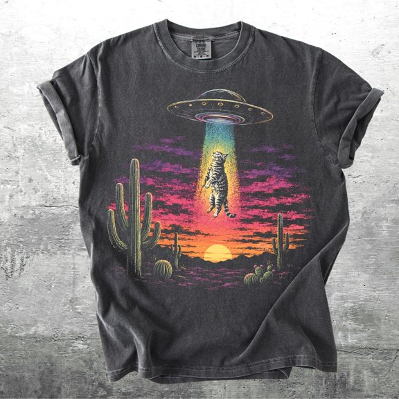 Vintage Funny Cat Meme Shirt, Flying Saucer, Retro Graphic Tee, Oversize, Womens, Mens