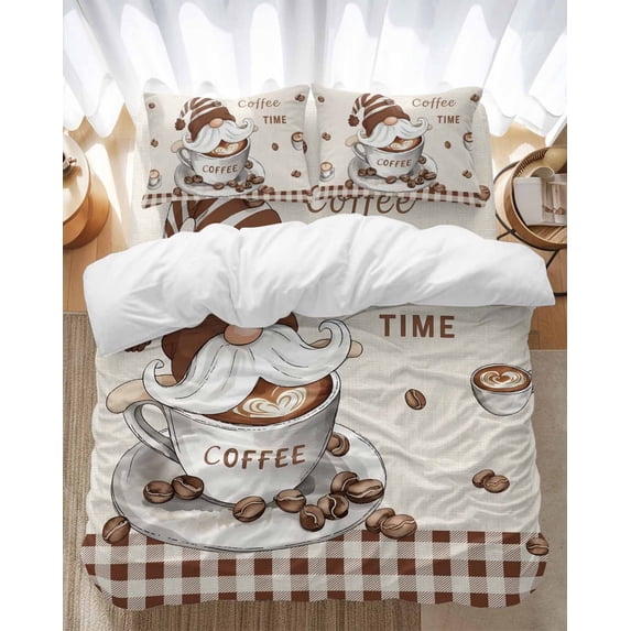 Vintage Funny Gnome Bedding Duvet Cover Set Twin Size 4 Pieces Coffee Time Brown Plaid Farmhouse Bedding Set with Zipper Closure, 1 Comforter Cover 68x86 Inches 1 Flat Sheet & 2 Pillow Cases