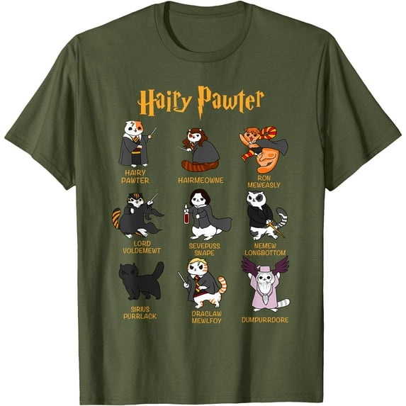 Vintage Funny Hairy Pawter Parody Characters T Shirt,Military Green Color,Size YL