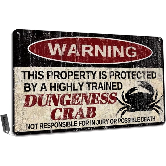 Vintage Funny Metal Tin Sign, Warning This Property Protected by Dungeness Crab Wall Decor Retro Seafood Outdoor Home Funny Security Art Decor 8x12 Inch