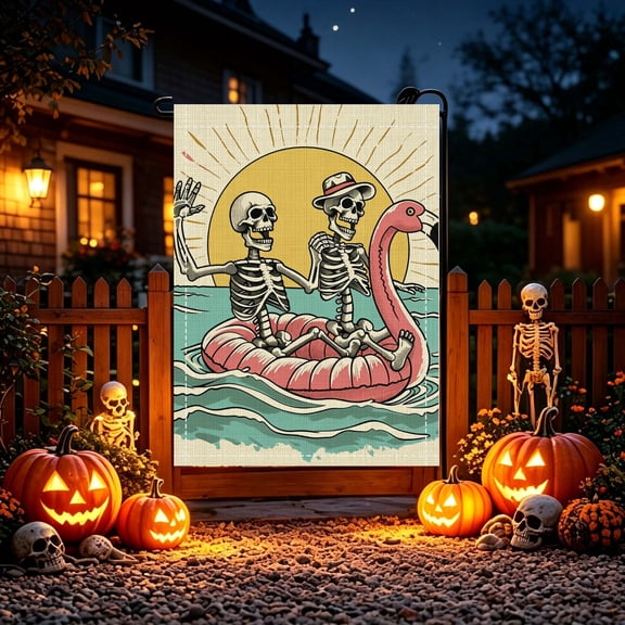 Vintage Funny Skeleton Flamingo Float Garden Flag, Front Porch Lawn Halloween Festival Decor, No Flagpole, Halloween Gift