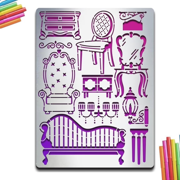 Vintage Furniture Metal Stencils Journal Stencil Retro Tables Chairs Stainless Steel Painting Stencils 5.5×7.5inch for Journal Notebook Diary Scrapbook Drawing for DIY